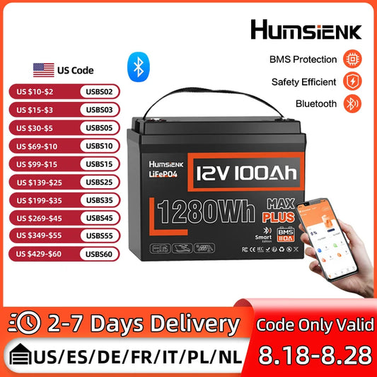 Humsienk 12V 100AH LiFePO4 Lithium Battery With Bluetooth Monitor Battery info 1280Wh For RV, Camper, Golf Cart, Trolling Motor