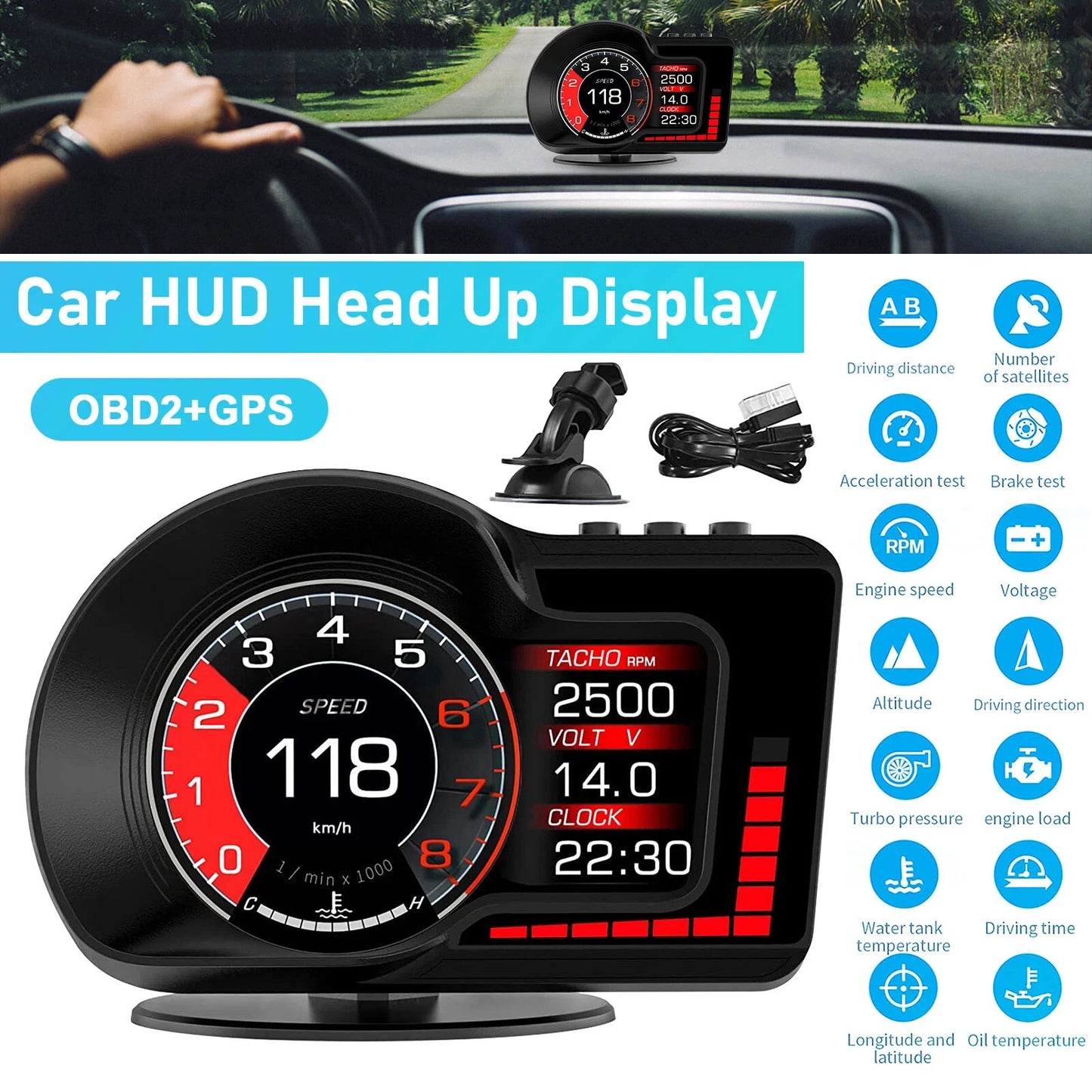 OBD GPS Dual System RPM Gauge Speedometer Milometer F15 Car Head Up Display HUD 6 Alarm Functions Accelerated Test