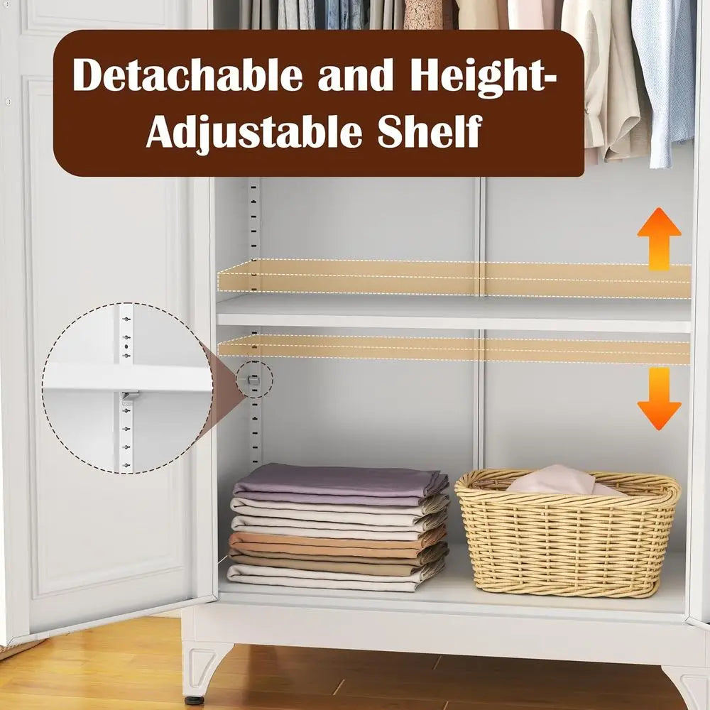 Metal Wardrobe Cabinet with Hanging Rod, 71" Tall Armoire Wardrobe Closet with 2 Doand Adjustable Shelves, White Clothing Storag
