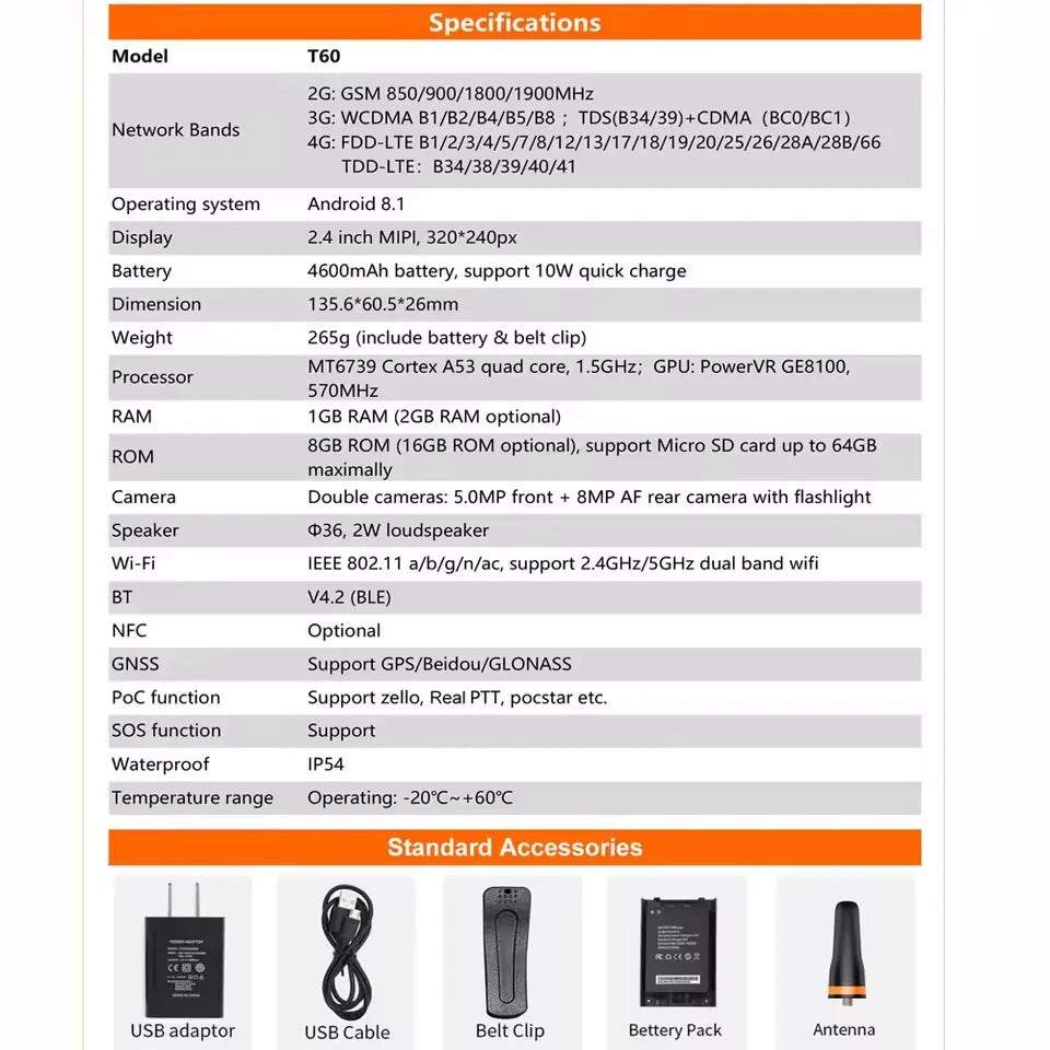 ANYSECU T60 4G Network Radio F41 Android 8.1 LTE WCDMA GSM WIFI GPS Mobile Phone work with Real-ptt Zello