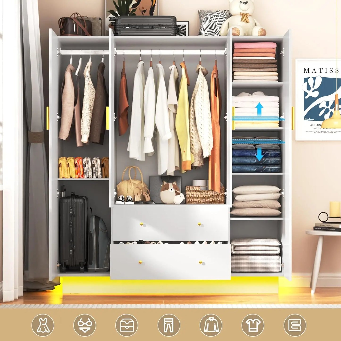 4 Doors Armoire Wardrobe Closet with Mirror, LED Armoire with Doors and Drawers, Wooden Wardrobe Storage Cabinet with Hanging Ro
