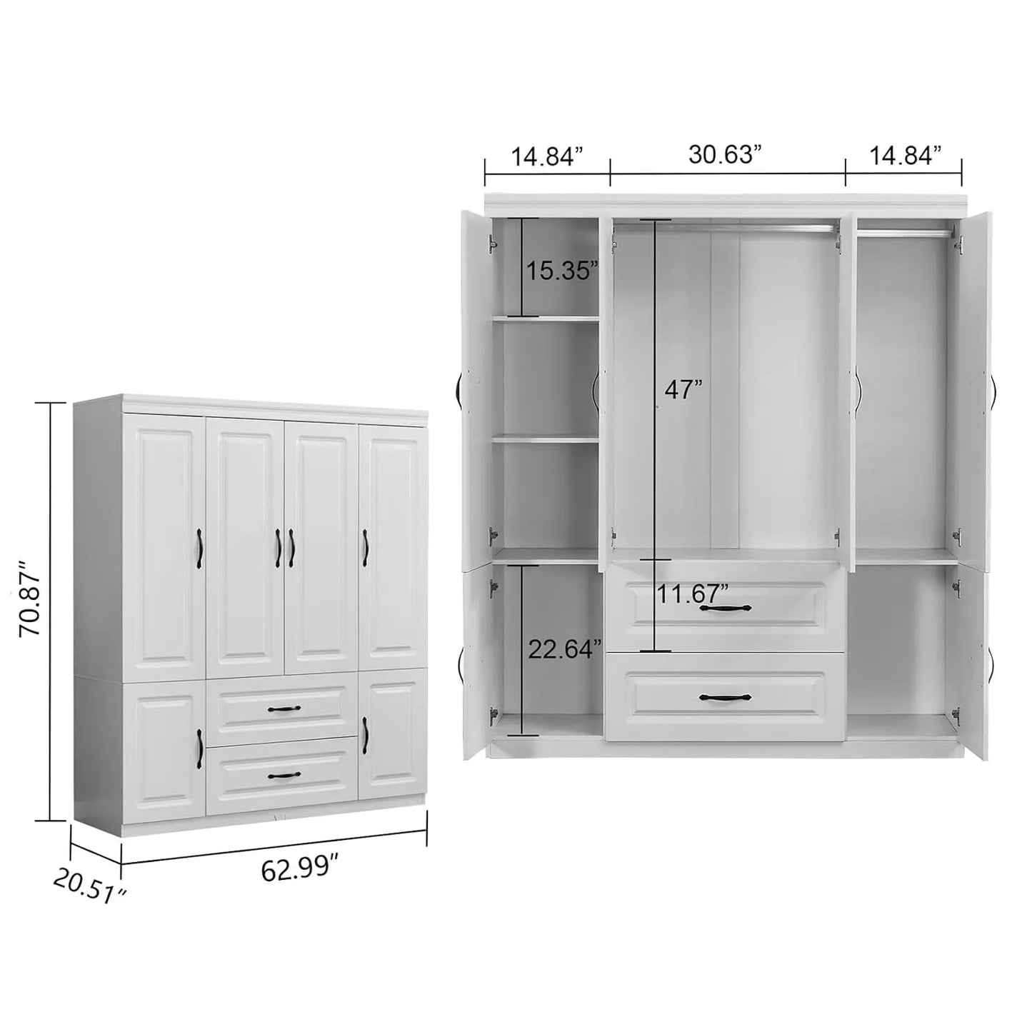 White Wooden Armoire 4 Door 2 Drawer 2 Rod Shelf Bedroom Storage Cabinet, Customized