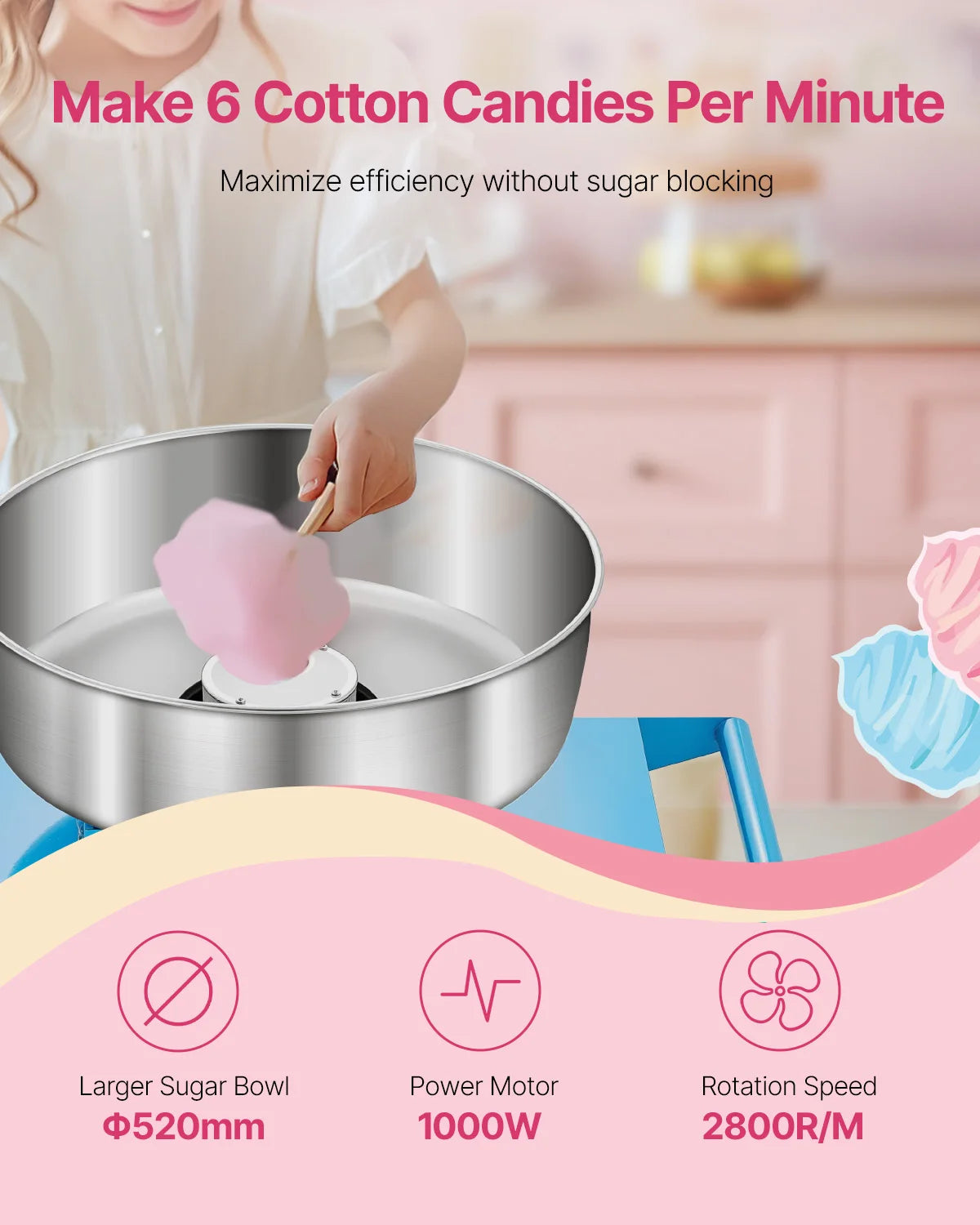 VEVOR Electric Cotton Candy Machine with Cart 1000W Commercial Candy Floss Maker with 20.5 in Stainless Steel Bowl, Sugar Scoop
