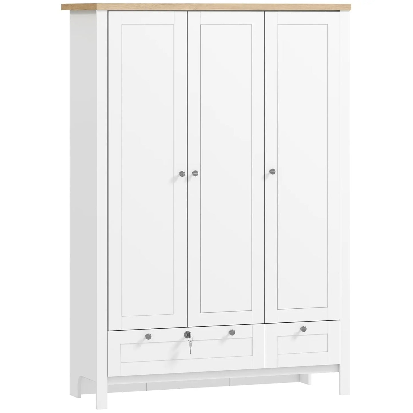 3 Door Armoire Wardrobe Closet with 2 Drawers, 69" Clothing Storage Cabinet with Lockable Large Drawer, Hanging Rod, Customized