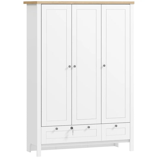 3 Door Armoire Wardrobe Closet with 2 Drawers, 69" Clothing Storage Cabinet with Lockable Large Drawer, Hanging Rod, Customized