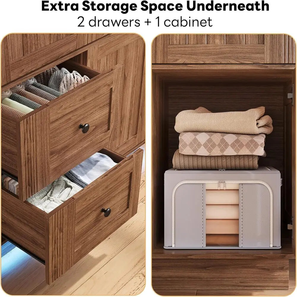 LIKIMIO Farmhouse Wardrobe Closet with Doors, 70" Bedroom Armoires with LED Lights and Hanging Rod,Wooden Large Wardrobe Cabinet