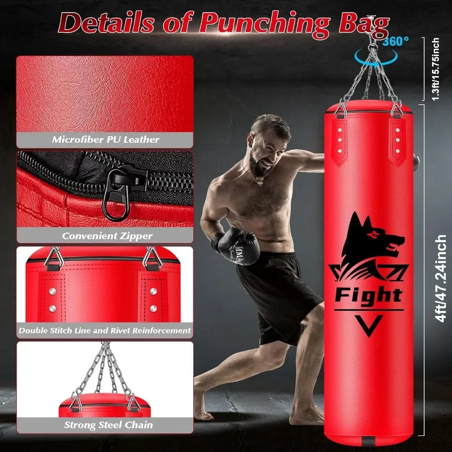 4FT Hanging Punching Bag for Adults Super PU Leather Boxing Training Equipment Heavy Bag with 12OZ MMA Gloves Unfilled Kicking