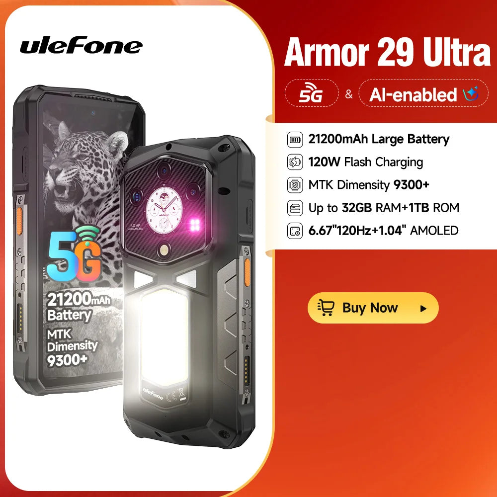 【Ships from US】Ulefone Armor 29 Ultra 5G AI 21200mAh Rugged Phone Dimensity 9300+120Hz 1TB ROM 64MP, NFC, Android 15