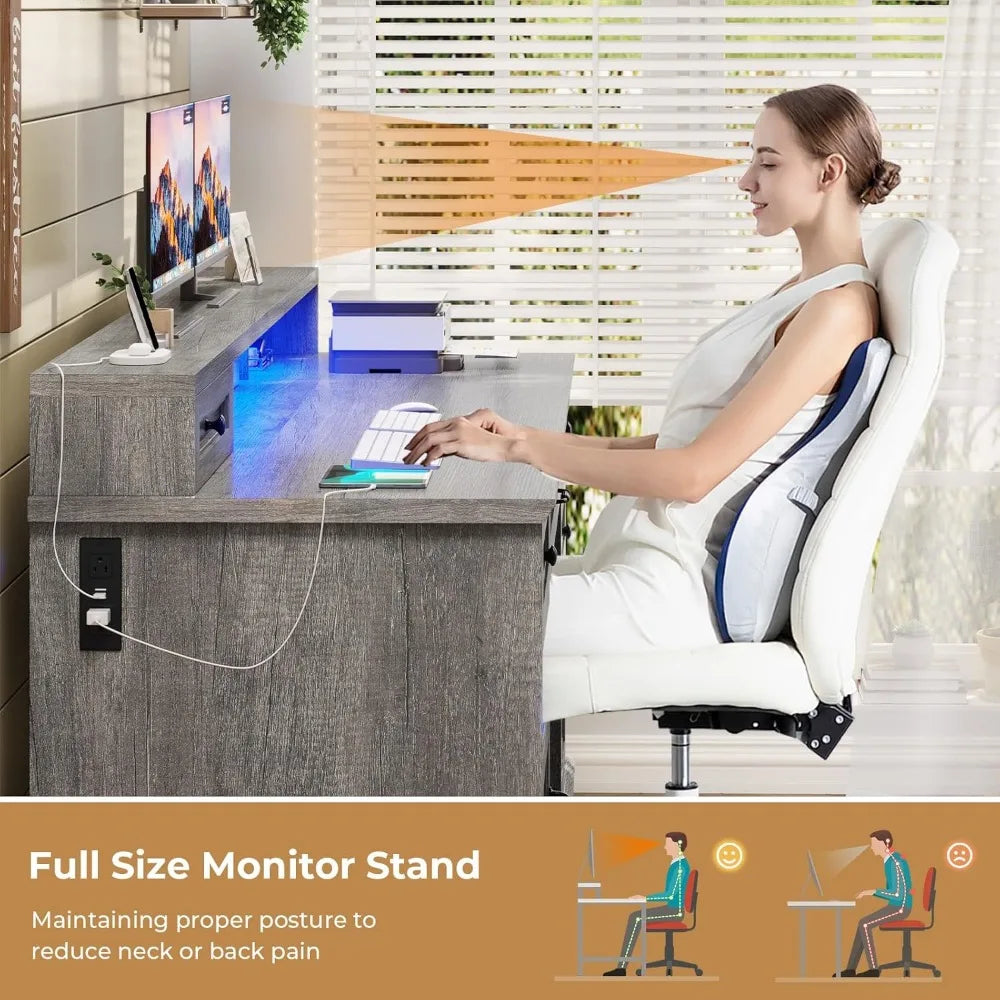 Farmhouse Executive Desk with File Drawer, Computer Desk with Charging Station & LED Lights, Home Office Desk with Drawers & Sto