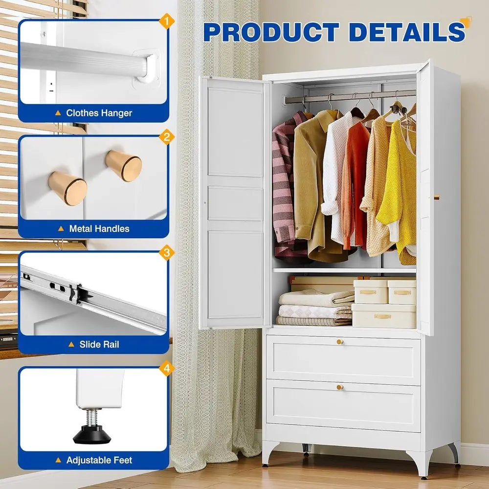 Metal Armoire Wardrobe Closet with 2 Ders 72'' Wardrobe Cabinet with Ders and Hanging Rail Metal Closet with Adjustable Shelves