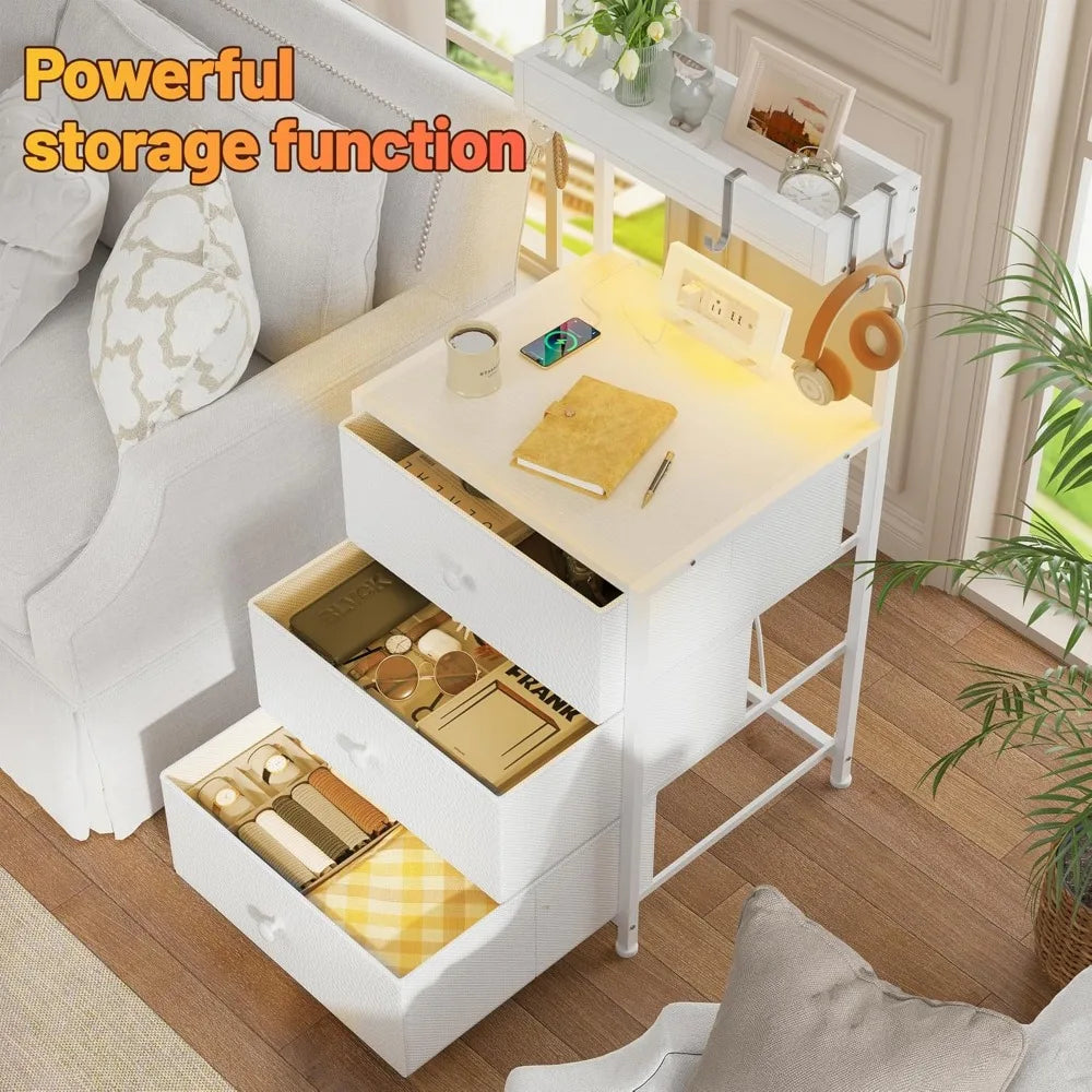Tall Nightstand Set of 2 with Charging Station and Led Lights Nightstand with 3 Drawers and Shelves Bedside Table with Ports an
