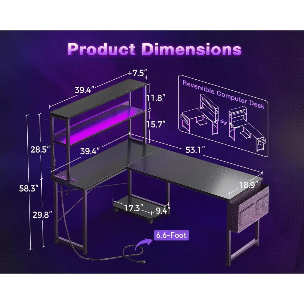53 Inch L Shaped Gaming Desk with LED Lighting, Reversible Desk with Power Outlets, Customized