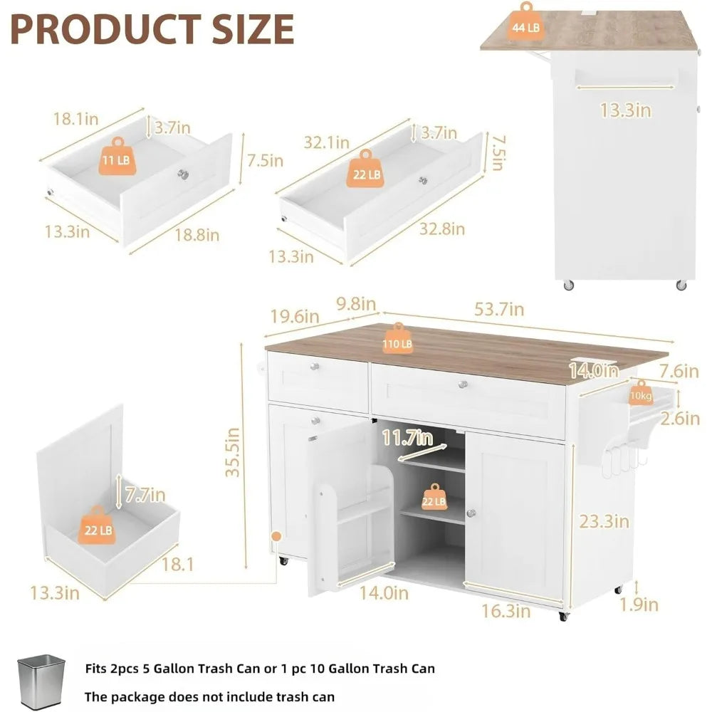 Kitchen Island On Wheels With Storage, Rolling Kitchen Islands With Drop Leaf&Power Outlet, Mobile Kitchen Island Cart With Tras