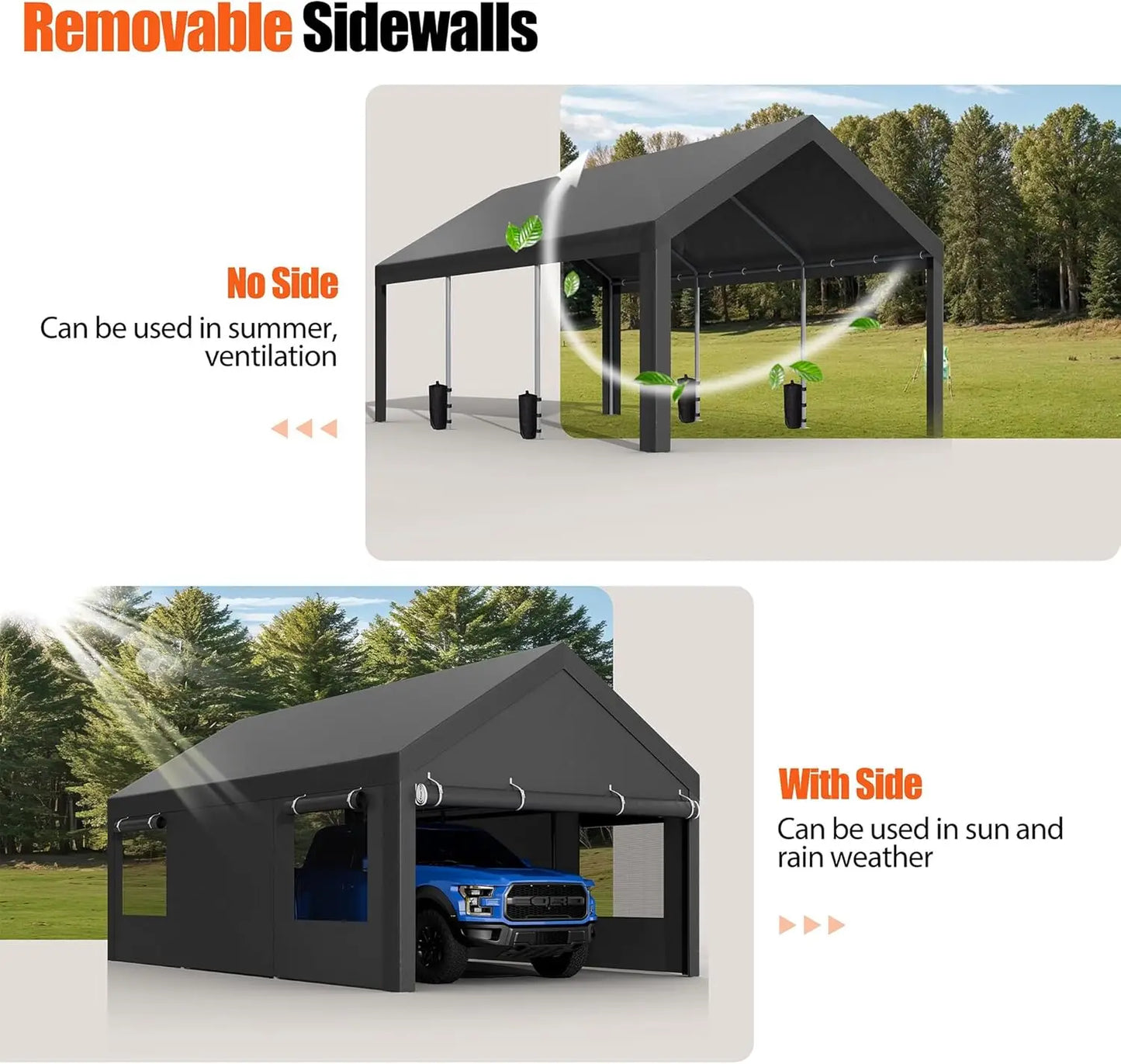 Carport, 12x20 ft Heavy Duty Carport with Roll-up Windows, Portable Garage with Removable Sidewalls & Doors, Car Canopy with San