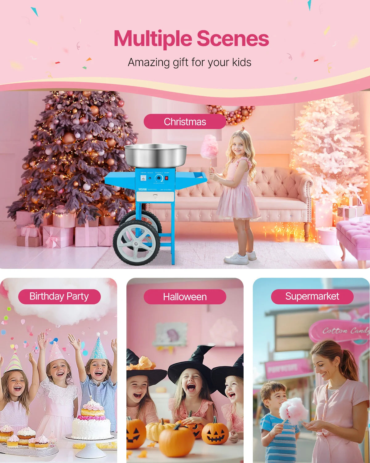 VEVOR Electric Cotton Candy Machine with Cart 1000W Commercial Candy Floss Maker with 20.5 in Stainless Steel Bowl, Sugar Scoop