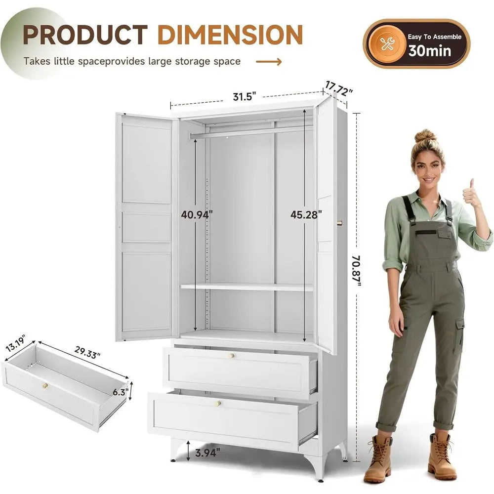 Metal Armoire Wardrobe Closet with 2 Ders,18" Deep Clothing Storage Cabinet with Doand Shelves,Coat Closet with Hanging Rod,Bedr