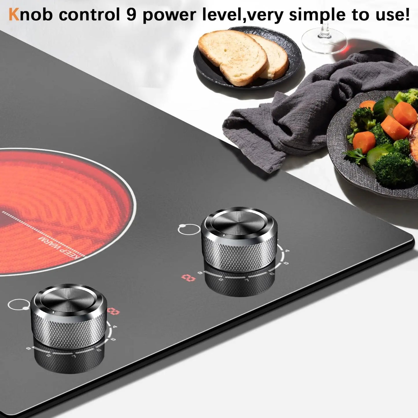 Karinear 110V Electric Ceramic Cooktop 2 Burners,12 Inch Knob Control Countertop & Built-in, 9 Heating Level, 2000W(Silver Knob)