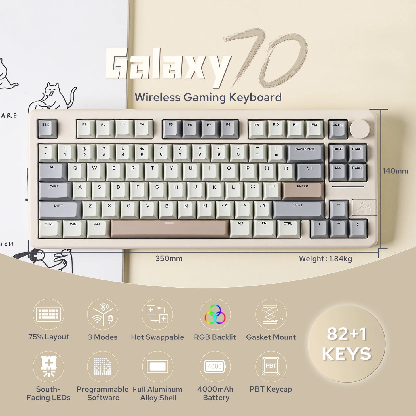 EPOMAKER Galaxy 70 75% + Knob Configuration Gasket-Mounted Wired/BT/2.4GHz Wireless Aluminum NKRO Mechanical Gaming Keyboard