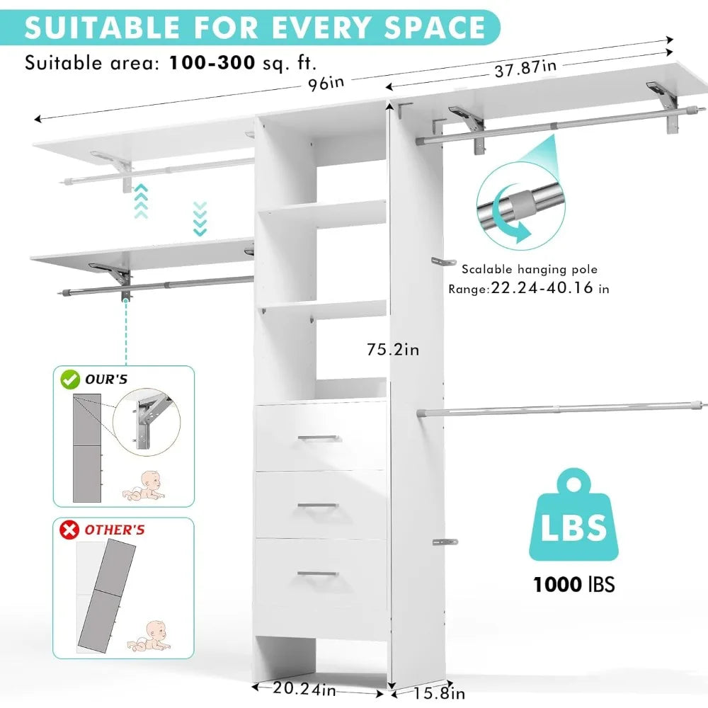 Closet System with Drawers, 8FT Walk in Closets Organizer with 3 Shelving Towers, 96" Wood Storage Unit w/ Hanging Pods & Garmen