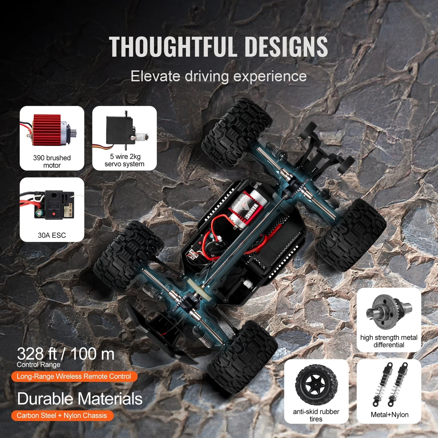 SucceBuy 1:14 Brushed 38KM/H 4WD RC Car All Terrain Off-Road Toys with 2 Batteries Monster Drift Racing Truck for Kids Gifts