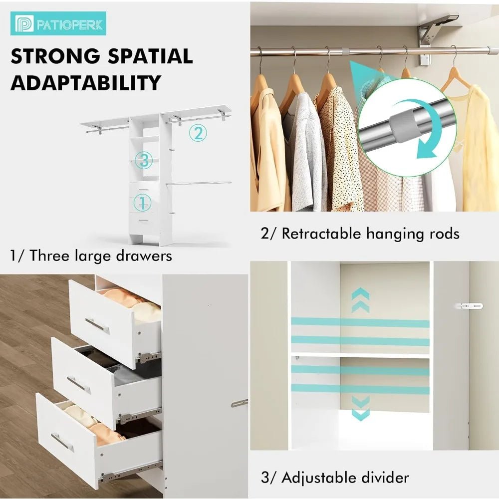 Closet System with Drawers, 8FT Walk in Closets Organizer with 3 Shelving Towers, 96" Wood Storage Unit w/ Hanging Pods & Garmen