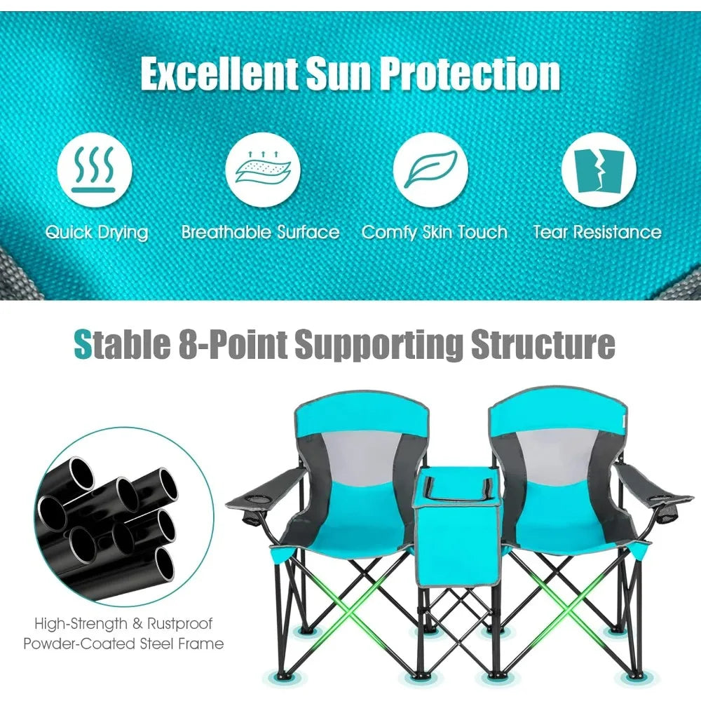 Camping Chair with Adjustable Shade Canopy, Portable Beach Chair with Cooler Bag, 2 Cup Holders, Carrying Bag