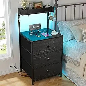 Tall Nightstand Set of 2 with Charging Station and Led Lights Nightstand with 3 Drawers and Shelves Bedside Table with Ports an