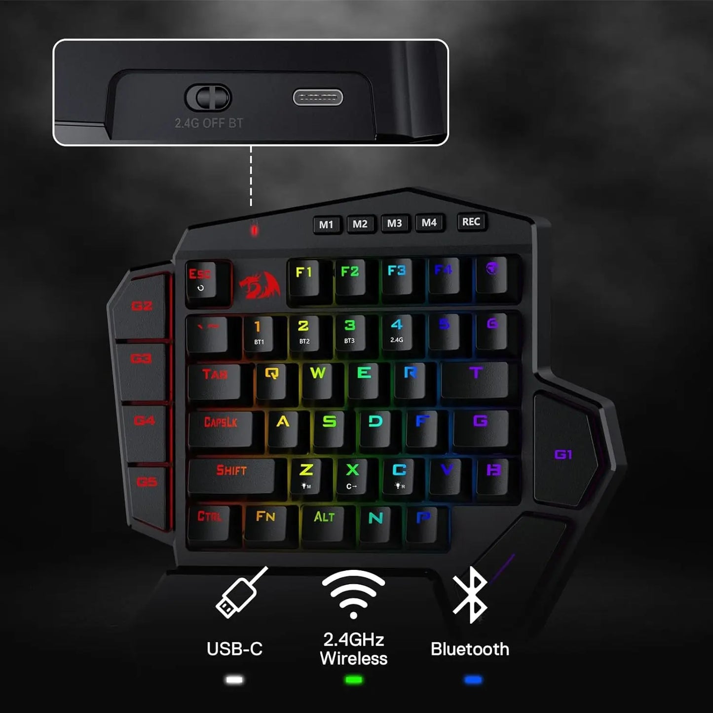 Redragon K585 PRO Wireless One-Handed Mechanical Keyboard 42 Keys 3-Mode RGB 7 Onboard Macro Keys Detachable Wrist Support