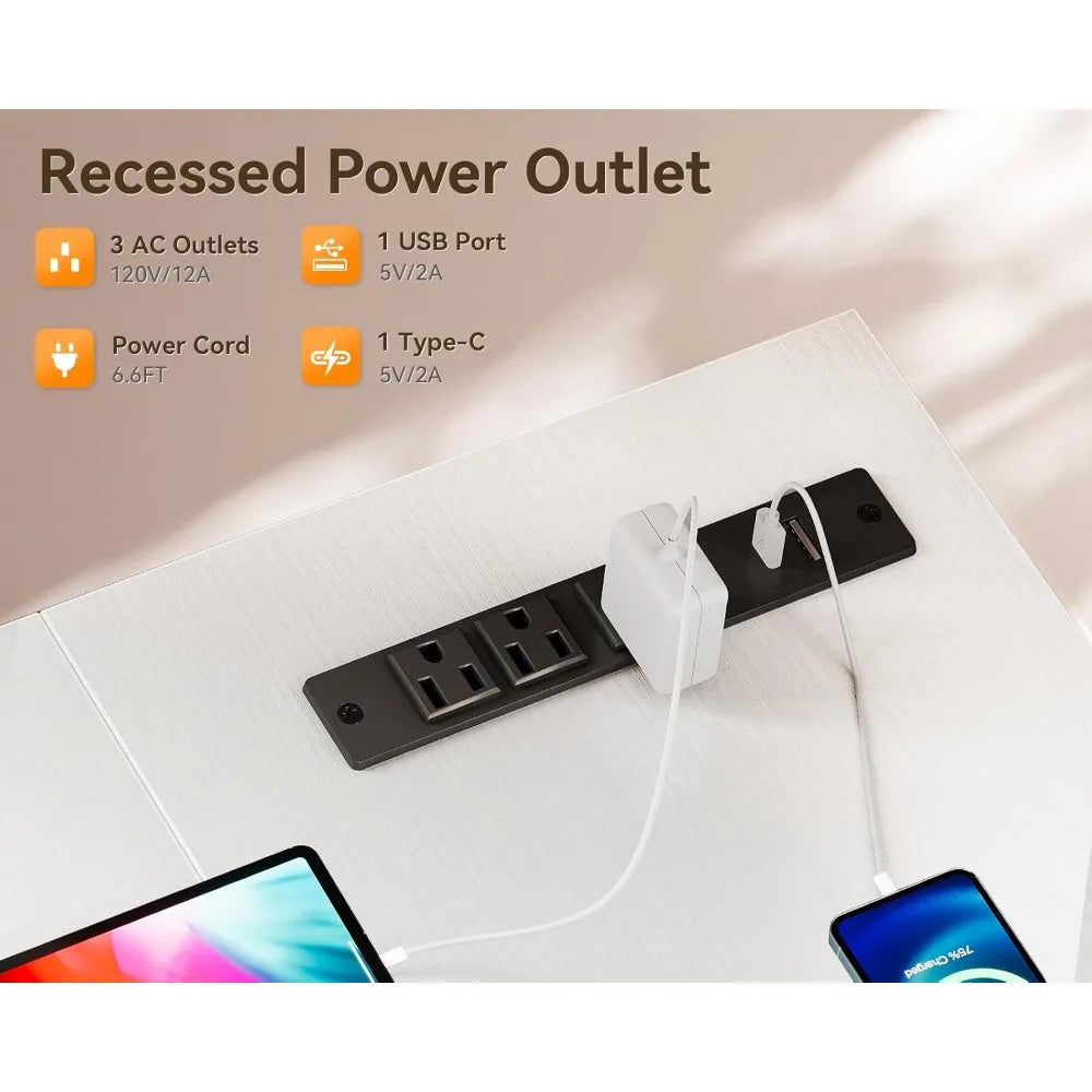 42 Inch L Shaped Desk with Drawers, Computer Desk with Power Outlets, Home Office Desk with 6 Drawers