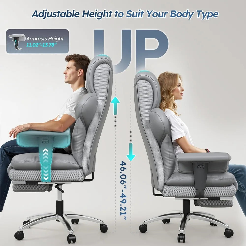 Big and Tall Office Chair - High Back Leather Executive Office Chair with Foot Rest & Lumbar Support, Ergonomic Reclining Gaming