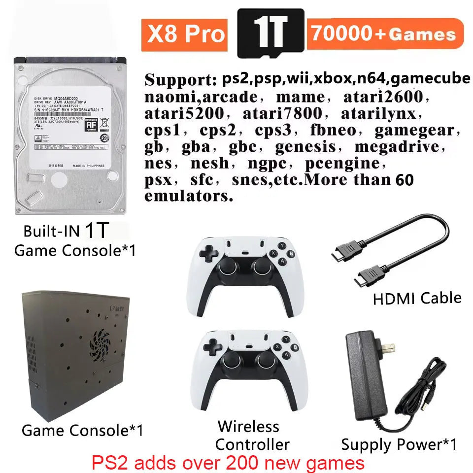 Built-in 70000+ Games Retro X8 Pro Game Console 1T For Wii PS2 PSP Saturn Plug-and-Play On TV Windows 11 Wireless Controller