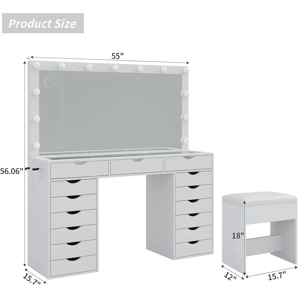 White Makeup Vanity Desk with Mirror, Lights, and Charging Station, 15 Drawers, Bedroom Vanity Set with Chair