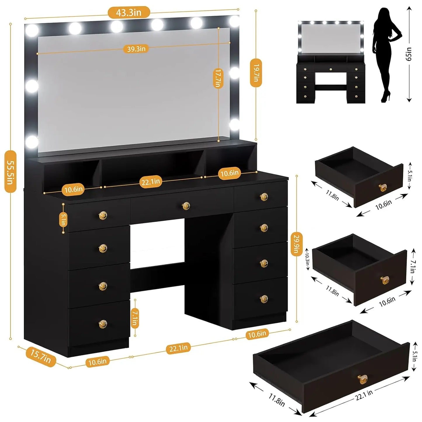Vanity Desk with Large Mirror, Lights & Power Outlet, Black Makeup Vanity with 9 Drawers & Shelf Storage, Customized