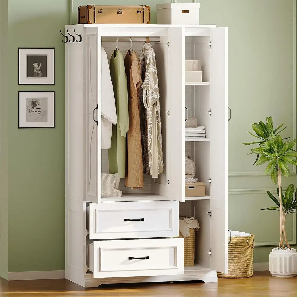 Armoire Wardrobe Closet with 4 Doand Ders, White | Wardrobe Cabinet with Storage Shelves and Side Hooks, Clothing Storage Cabine