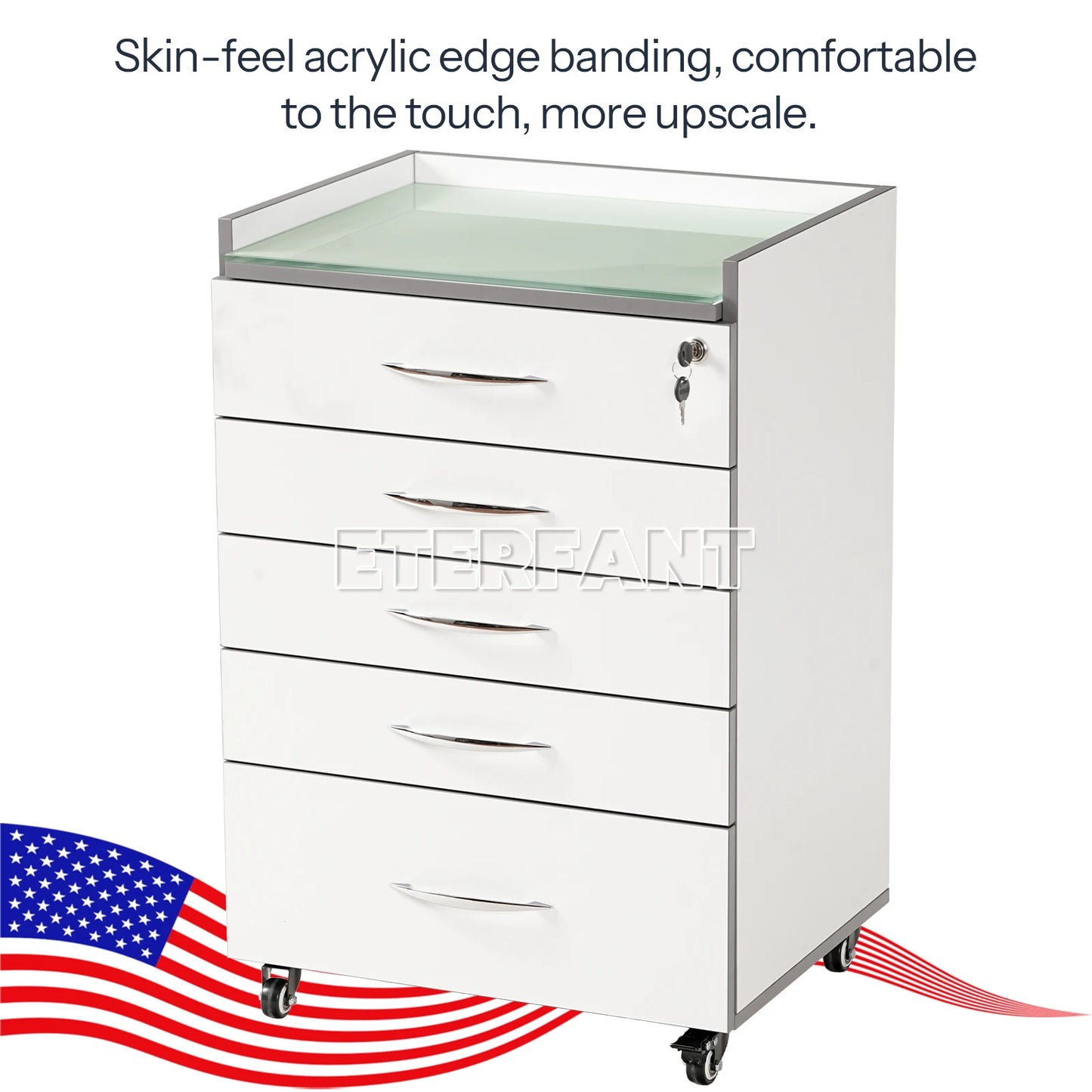 ETERFANT Dental Cabinet Rolling Medical Trolley Mobile Wooden Cart with Socket 5 Drawers Tempered Glass Tabletop Engineered Wood