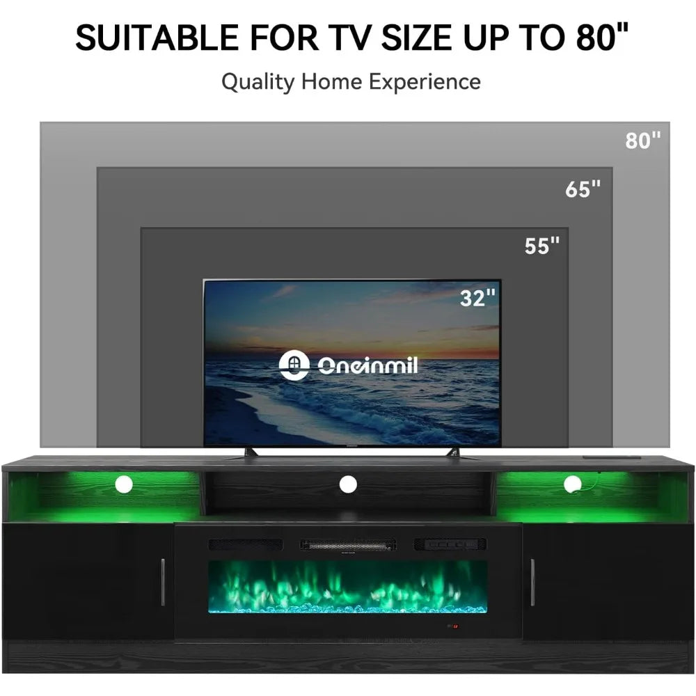 70" Fireplace TV Stand with Power Outlet for TVs UP to 80", Electric Fireplace Entertainment Center with LED Lights & Storage C