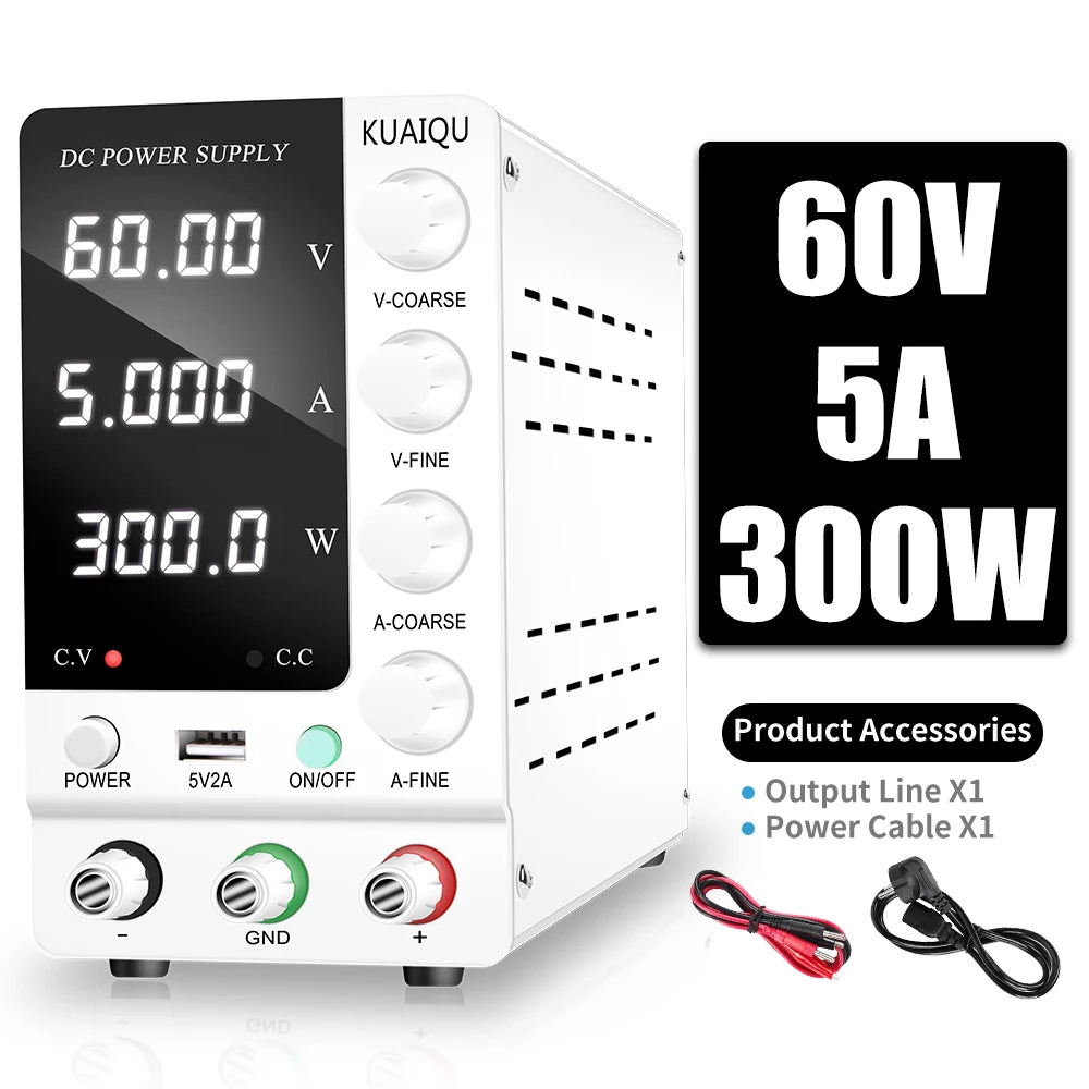 KUAIQU Adjustable Switching DC Power Supply 30V 10A 6A Lab Bench Power Supply 60V 5A 120V 3A Output Preset Current USB Interface
