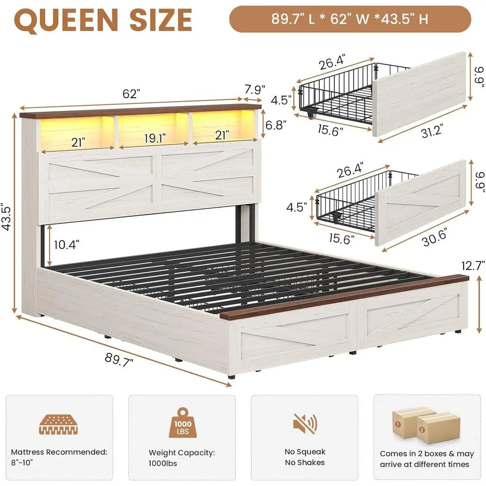 Queen Bed with 6 Drawers, Armhouse Bed with Barn Door and Storage, Wood Platform Bed Queen Size with Charging Station and LED Li