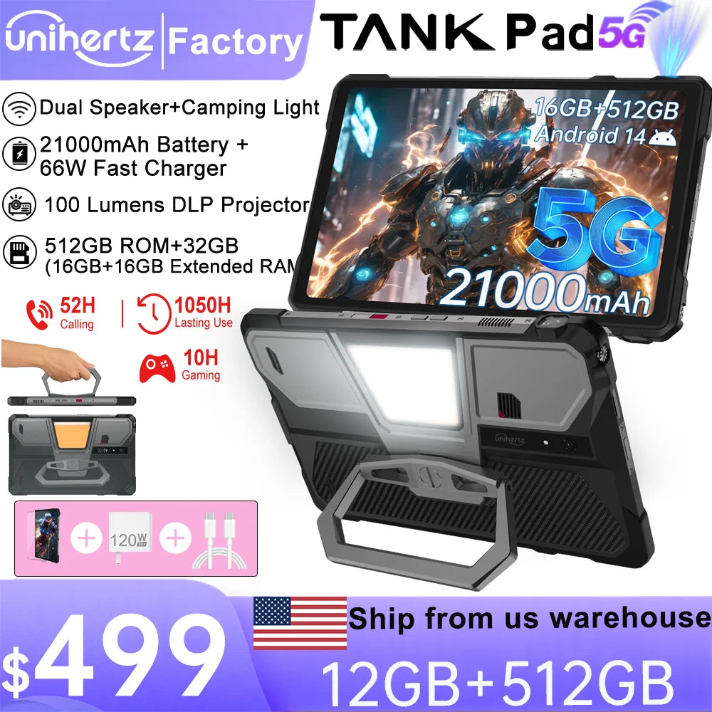 Unihertz Tank PAD by 8849 Rugged Projector Tablet 21000mAh 10.95" FHD Dimensity 8200 32GB+512GB Dual Speaker Tablet Phone Wifi