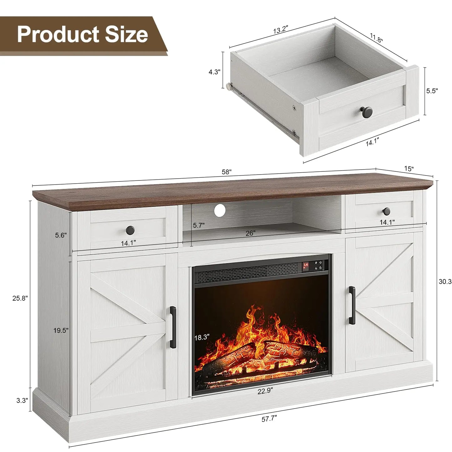 Farmhouse TV Stand with 23-Inch Electric Fireplace, Entertainment Center for TVs Up to 70 Inches, Media Console Table with Drawers and Storage, Antique White