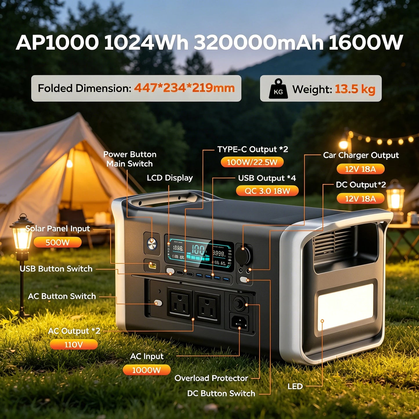 CTOLITY 1024Wh LiFePO4 Portable Power Station 1600W Pure Sine Wave Solar Generator 110V AC Ports Camping Outdoor Garden Party