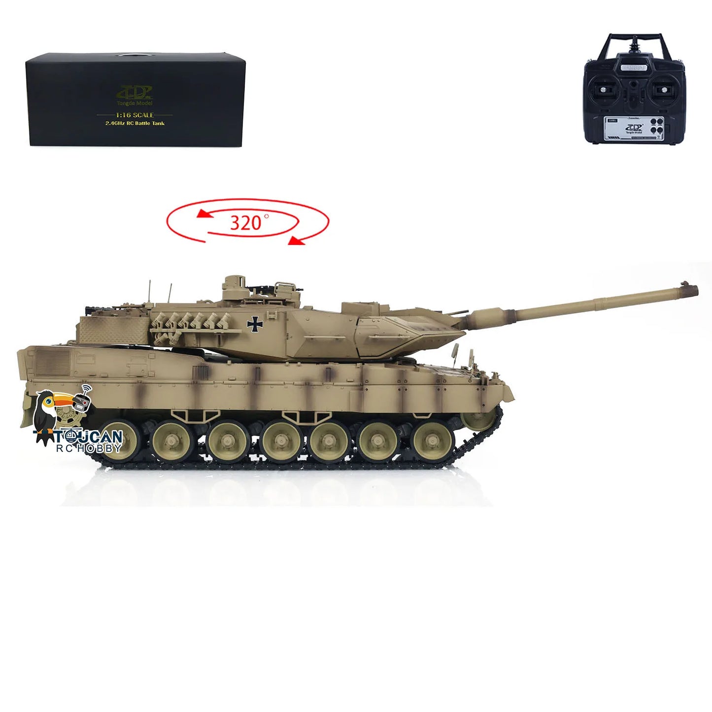 Tongde 1/16 RC Tank German Leopard 2A7 Electric Military Infrared Battle Tank with Barrel Recoil 320°Turret Remote Control Model