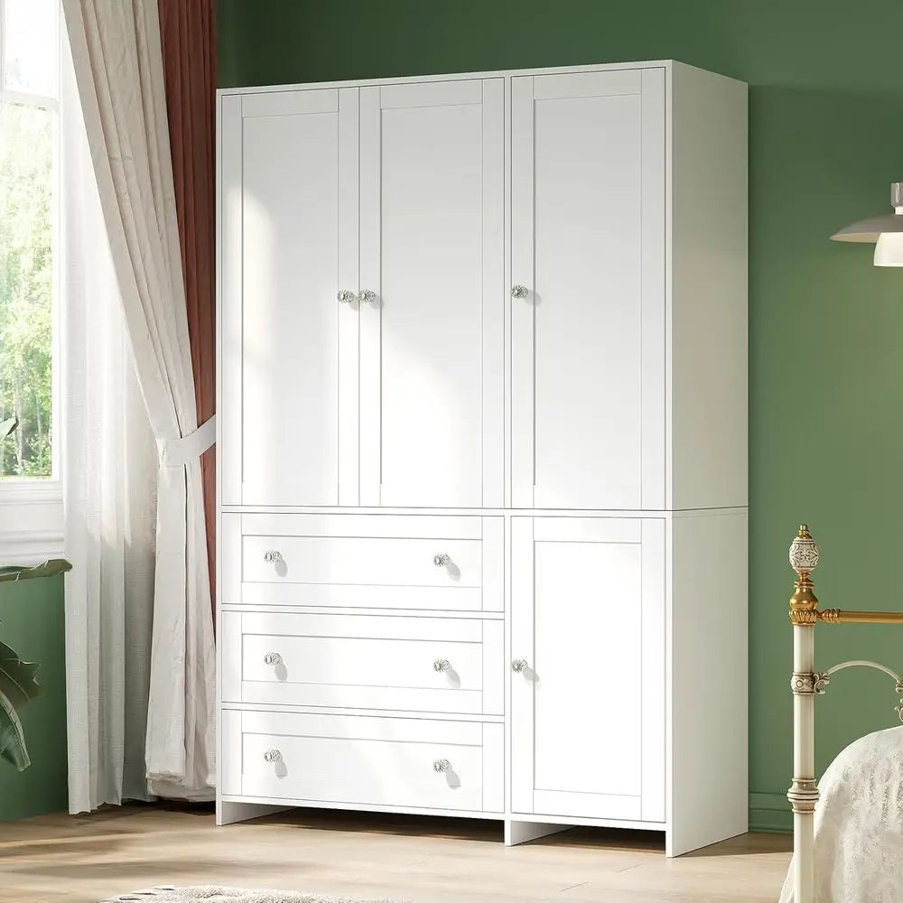 Armoire Wardrobe Closet with Ders and Mirror, 71" Clothing Storage Cabinet with Hanging Rod, 4 DoWooden Wardrobe Cabinet or Bedr