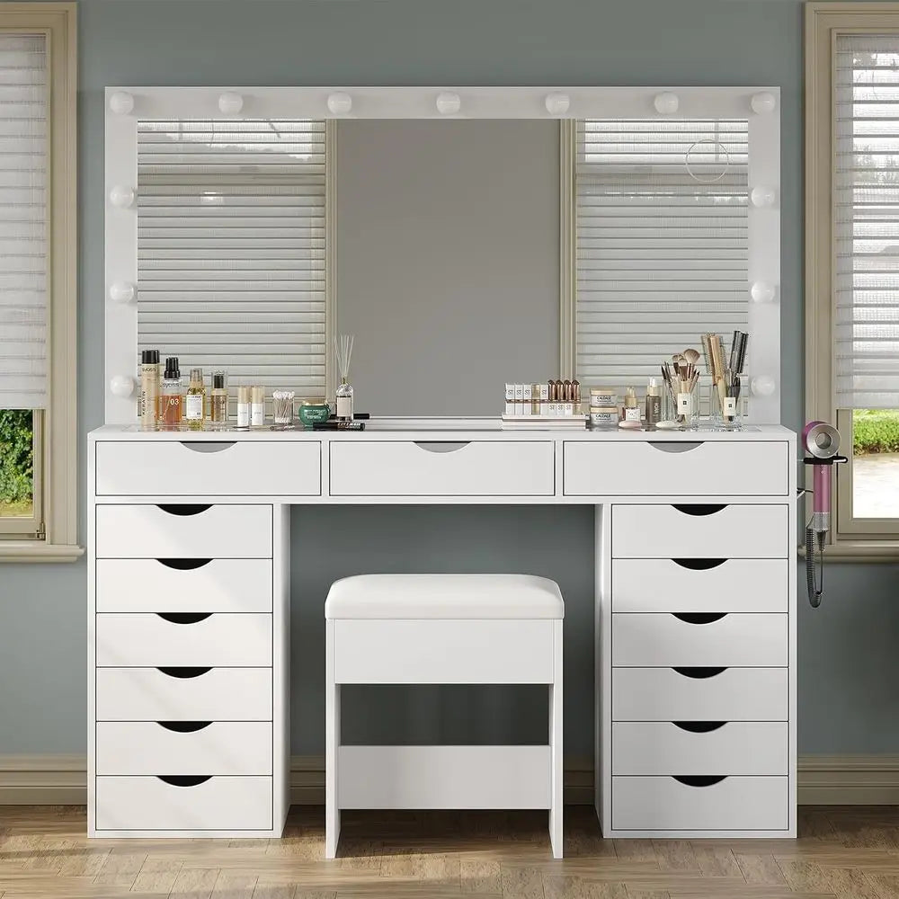 White Makeup Vanity Desk with Mirror, Lights, and Charging Station, 15 Drawers, Bedroom Vanity Set with Chair
