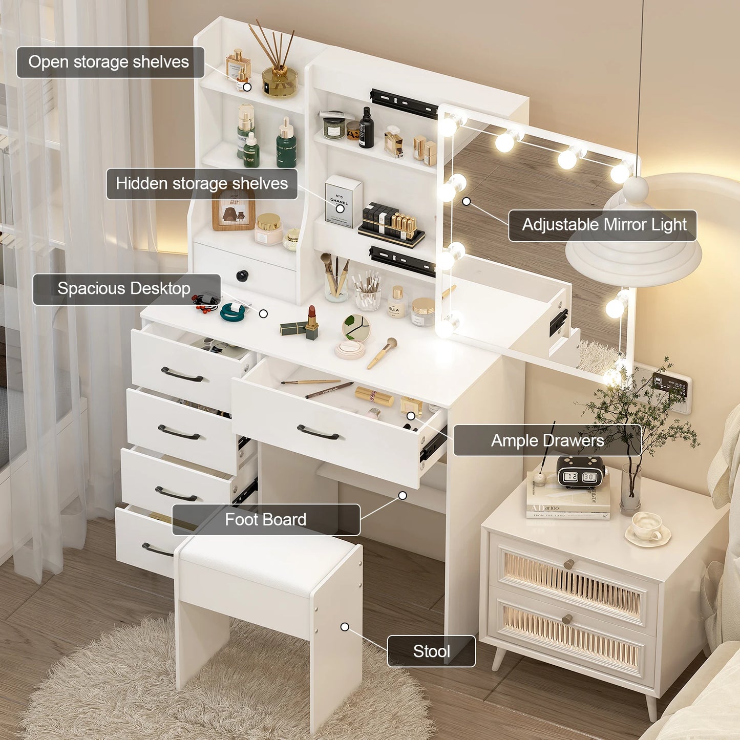 White Vanity Dressing Table Set with Sliding Mirror 6 Drawers LED Lights 3 Color Dimmable Stool Storage Makeup Desk for Bedroom