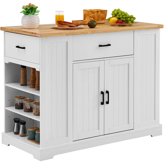 VEVOR Kitchen Island Cart 46" Wood Top Breakfast Bar with Storage Cabinet Farmhouse Kitchen Table with Adjustable Shelf Drawer