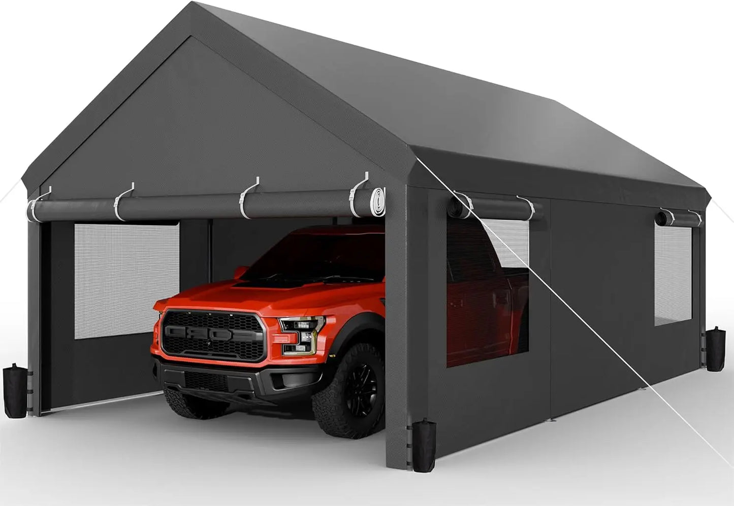 Carport, 12x20 ft Heavy Duty Carport with Roll-up Windows, Portable Garage with Removable Sidewalls & Doors, Car Canopy with San
