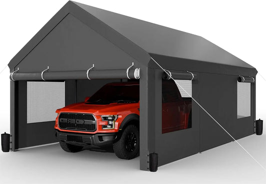 Carport, 12x20 ft Heavy Duty Carport with Roll-up Windows, Portable Garage with Removable Sidewalls & Doors, Car Canopy with San