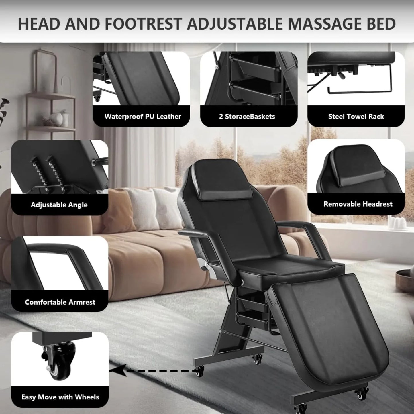 Facial Chair with Wheel Tattoo Chair for Client Beauty Chair Artist Spa Bed Removable Headrest for Client, Esthetician, Artist,