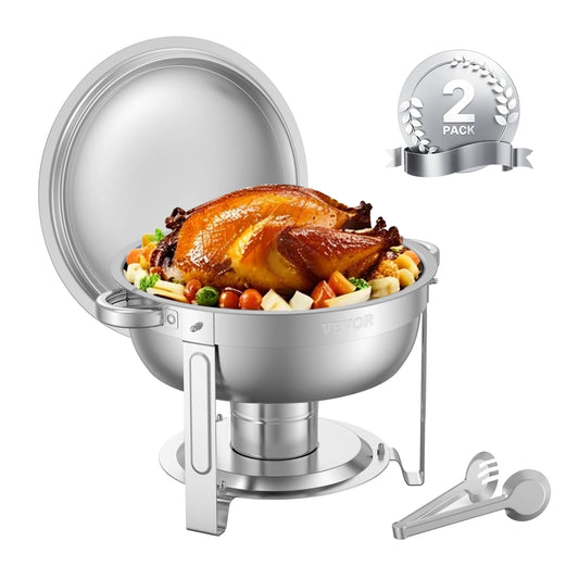 SucceBuy 2Pack 5QT Chafing Dish Buffet Set Stainless Steel Chafer w/ 2 Full Size Pans Round Catering Warmer Server Lid Water Pan
